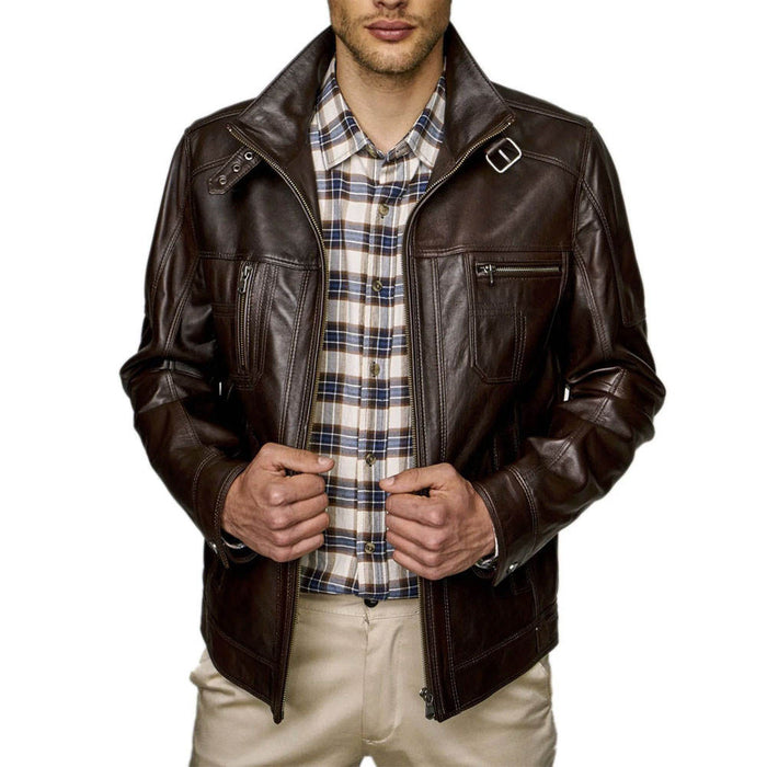 Solid Color Pu Leather Fashion Men Jacket Winter Fashion Men's Leather Jacket With Front Zip and Pockets