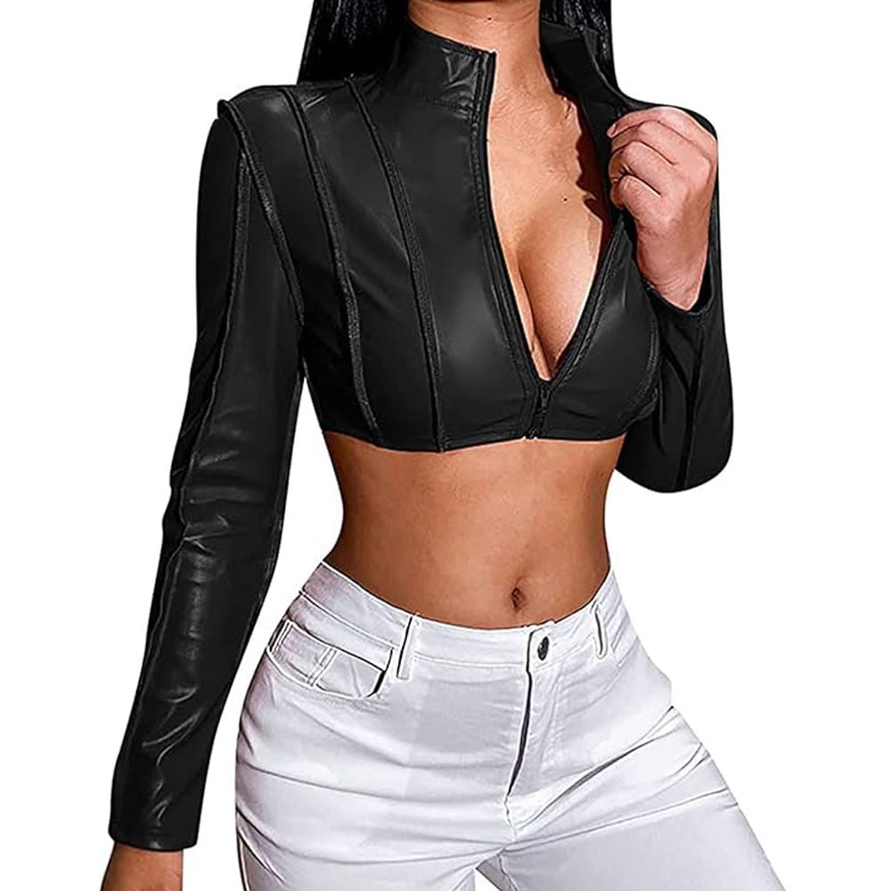 Ladies Crop Top Leather Jacket Custom Made High Quality Soft Fabric Women Cropped Leather Jacket