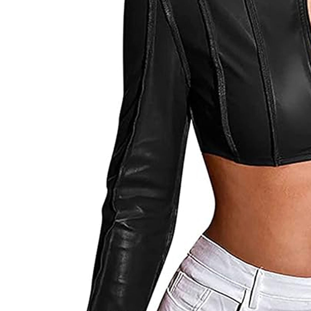 Ladies Crop Top Leather Jacket Custom Made High Quality Soft Fabric Women Cropped Leather Jacket
