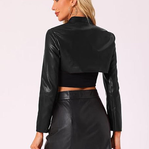 2026 New Design Turn-down Collar Leather Jacket Woman PU Leather Crop Top Jacket