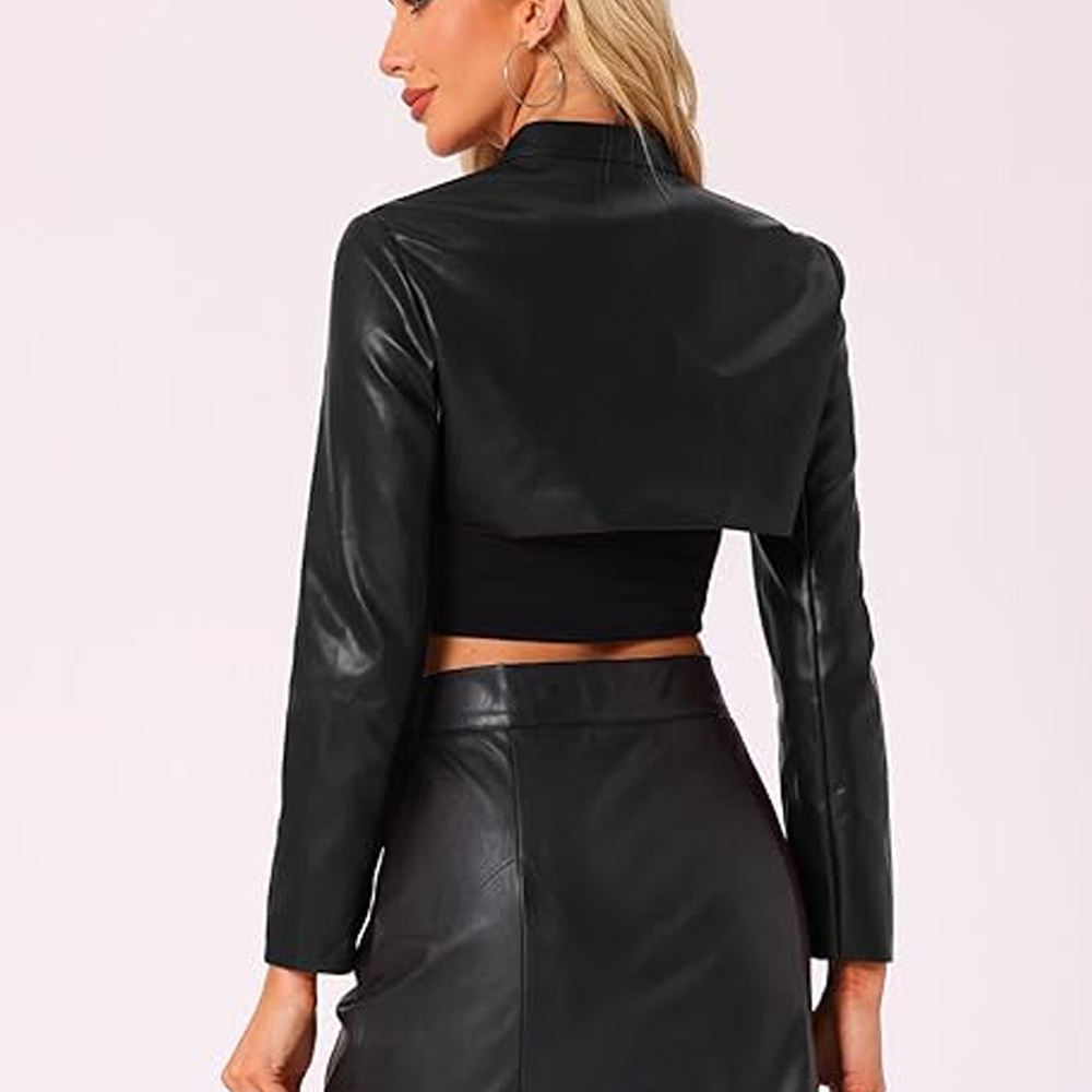 2026 New Design Turn-down Collar Leather Jacket Woman PU Leather Crop Top Jacket