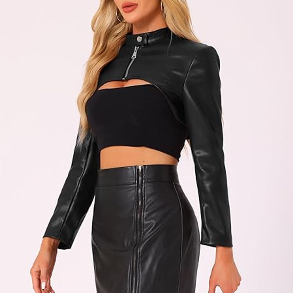 2026 New Design Turn-down Collar Leather Jacket Woman PU Leather Crop Top Jacket