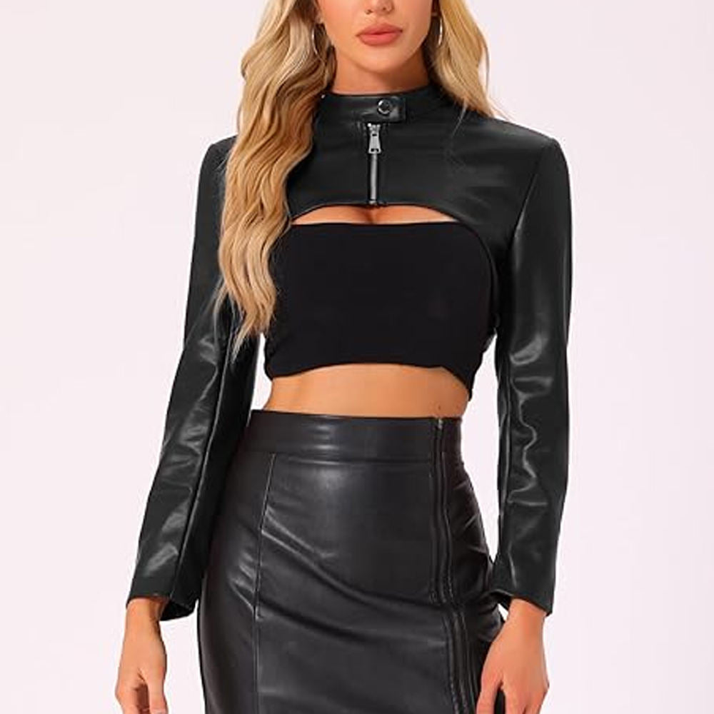 2026 New Design Turn-down Collar Leather Jacket Woman PU Leather Crop Top Jacket