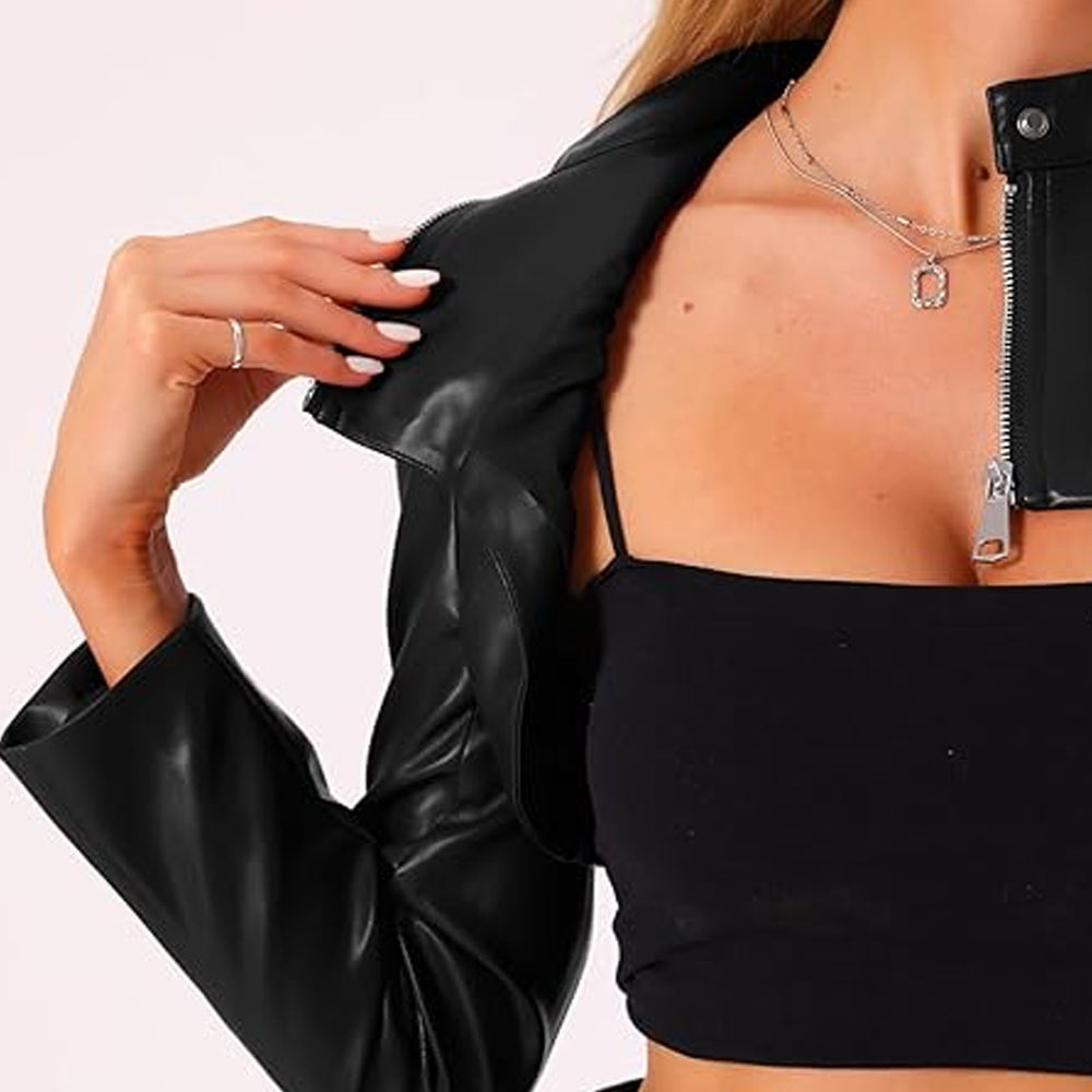 2026 New Design Turn-down Collar Leather Jacket Woman PU Leather Crop Top Jacket