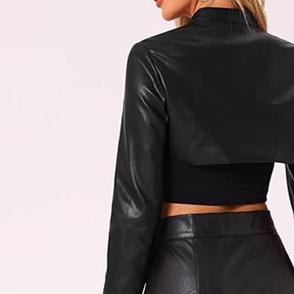 2026 New Design Turn-down Collar Leather Jacket Woman PU Leather Crop Top Jacket