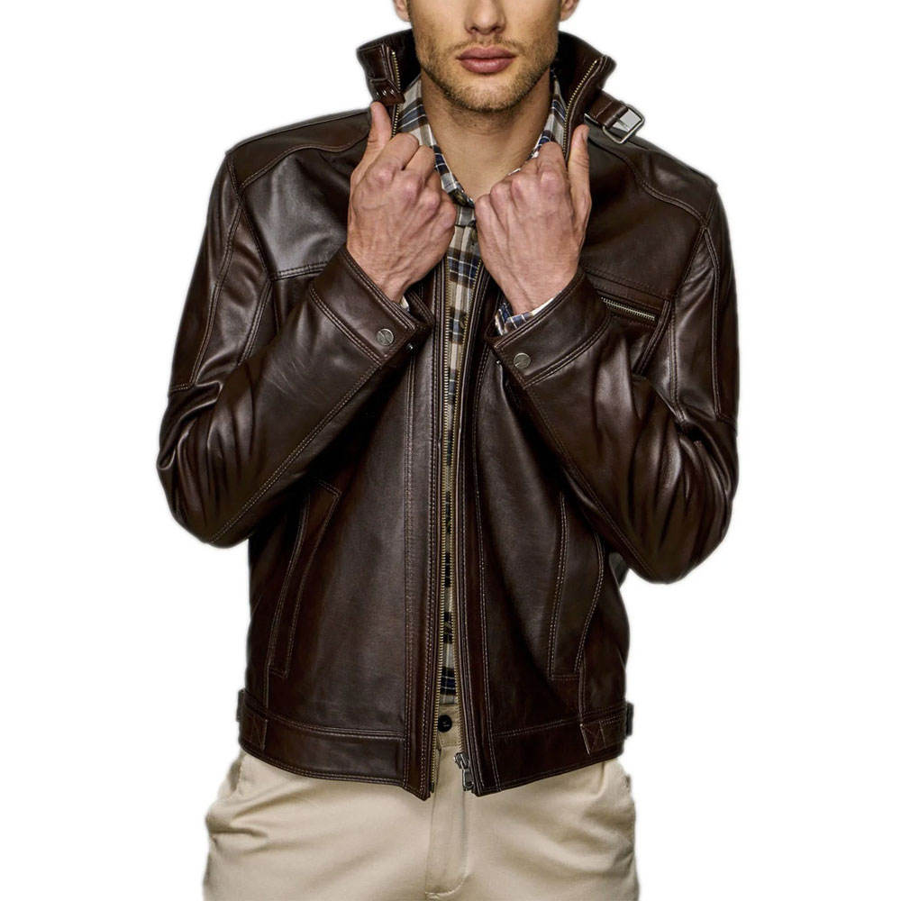 Solid Color Pu Leather Fashion Men Jacket Winter Fashion Men's Leather Jacket With Front Zip and Pockets