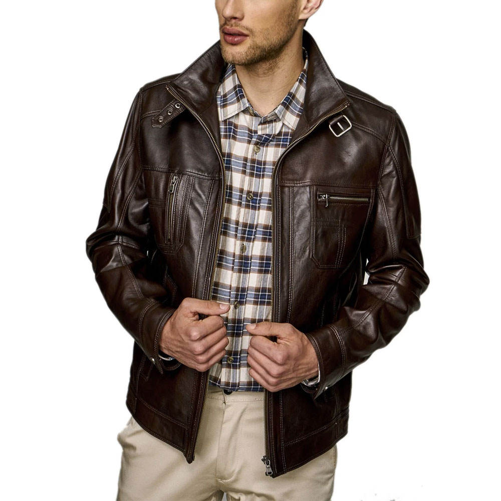 Solid Color Pu Leather Fashion Men Jacket Winter Fashion Men's Leather Jacket With Front Zip and Pockets