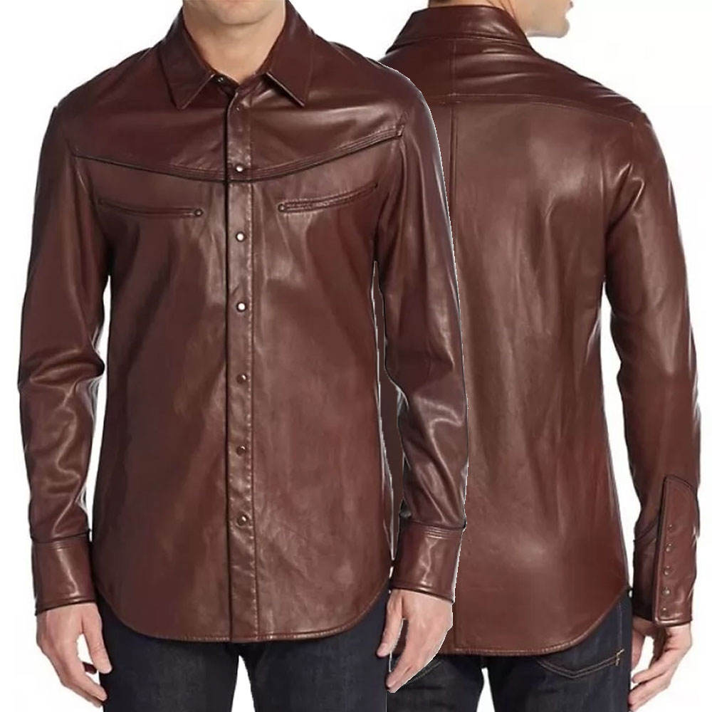 Men’s Slim Fit Long Sleeve PU Leather Shirt
