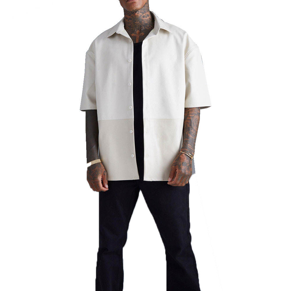 PU Leather Short Sleeve Button-Up Shirt