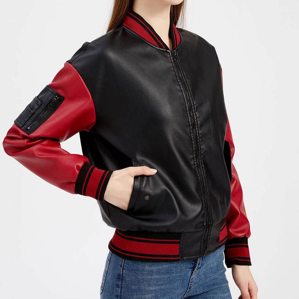 High Quality Custom Leather Sleeves Jacket with Custom Chenille Embroidery Women Genuine Leather Jackets