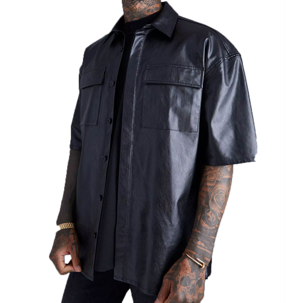PU Leather Short Sleeve Dress Shirt