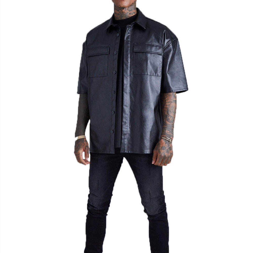 PU Leather Short Sleeve Dress Shirt