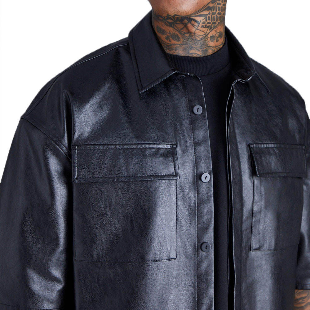 PU Leather Short Sleeve Dress Shirt