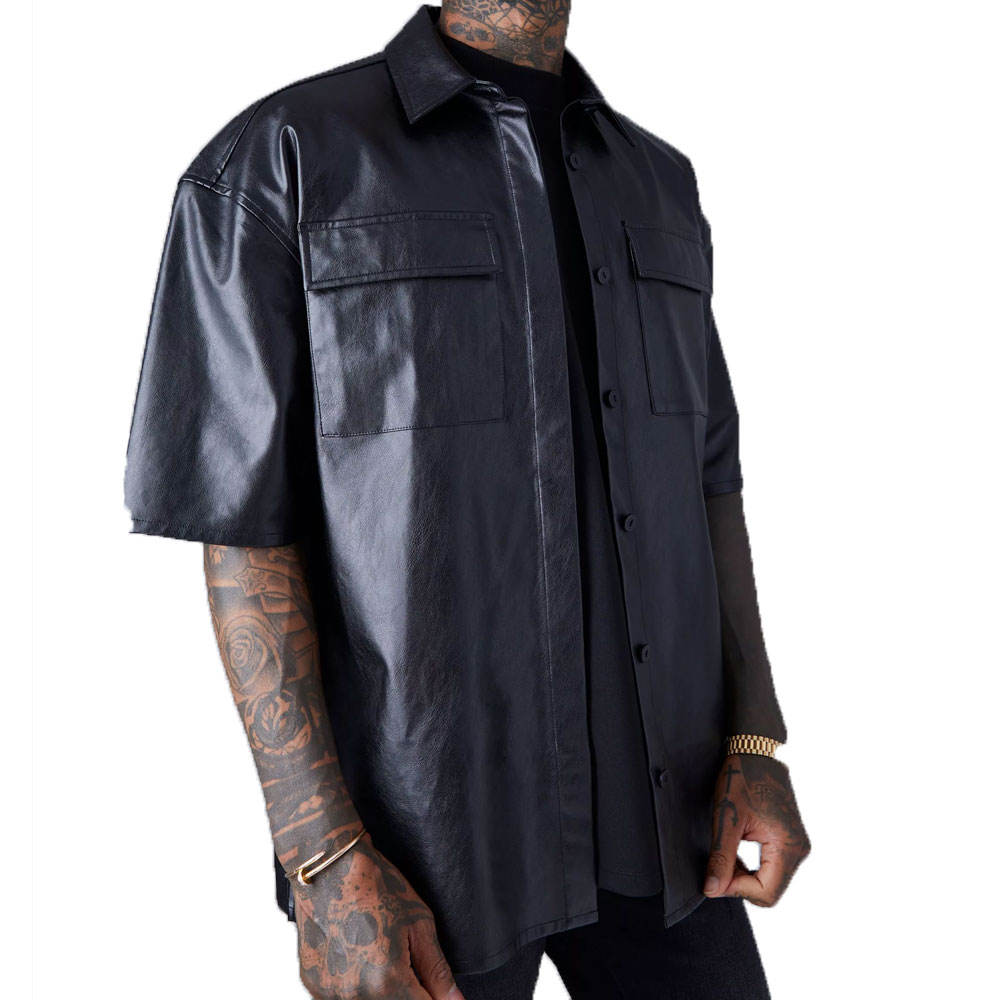 PU Leather Short Sleeve Dress Shirt