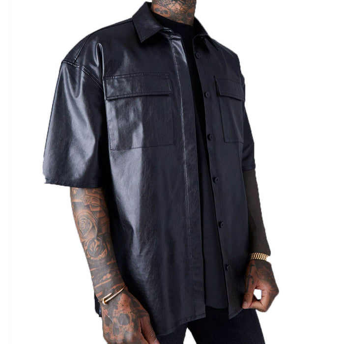 PU Leather Short Sleeve Dress Shirt