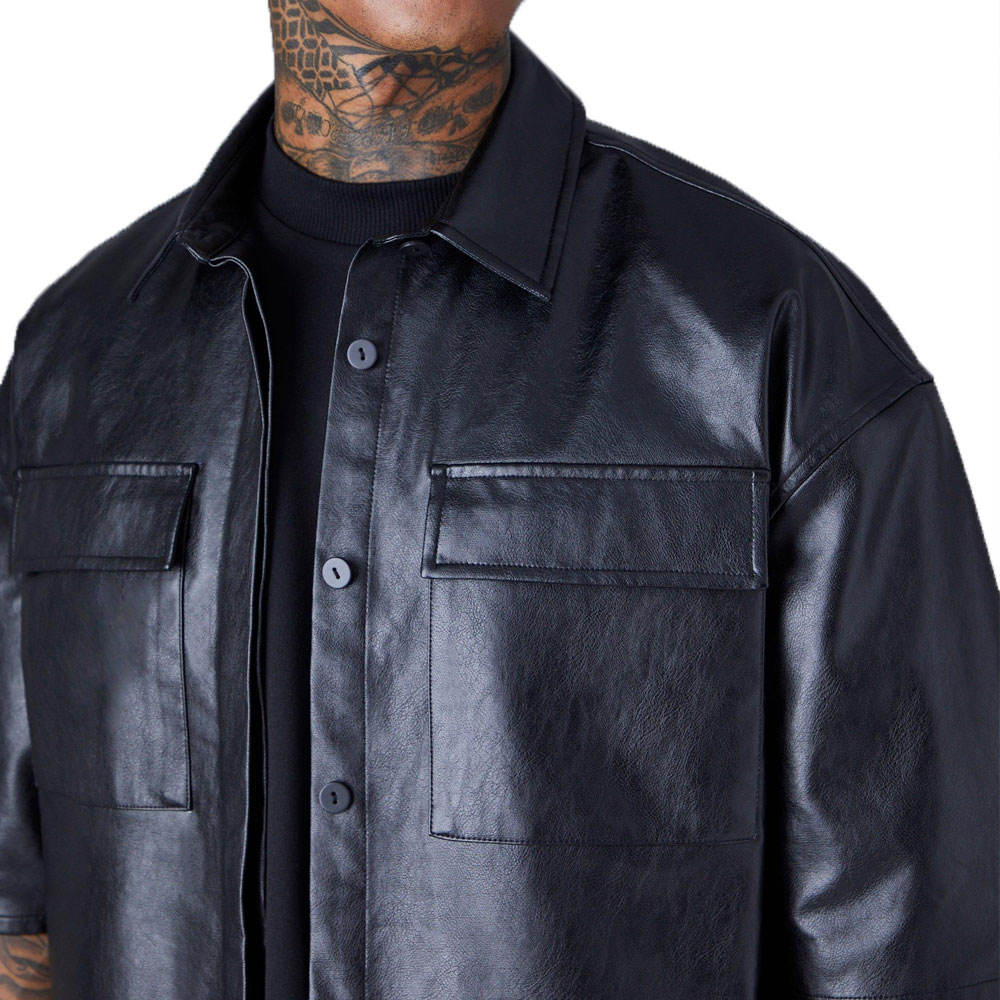 PU Leather Short Sleeve Dress Shirt